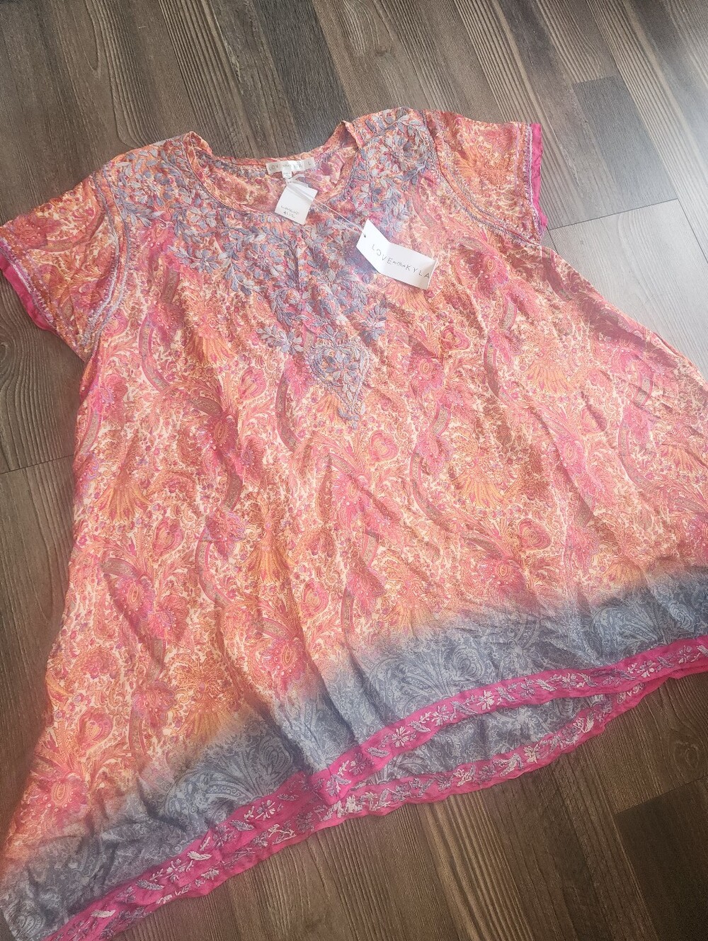 NWT Love Kyla Blouse Silk Blend Lightweight Boho Festival Chic Embroidered
